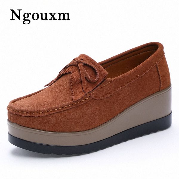 

ngouxm women moccasin flats spring autumn suede genuine leather shoes lady female loafers tassel slip on platform woman moccasin 81wn#, Black