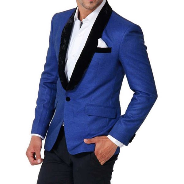 2 peça fita fita homens ternos para namorado Prom personalizado real azul noivo doivo tuxedo com calças pretas homem fashion conjunto jaqueta novo x0909