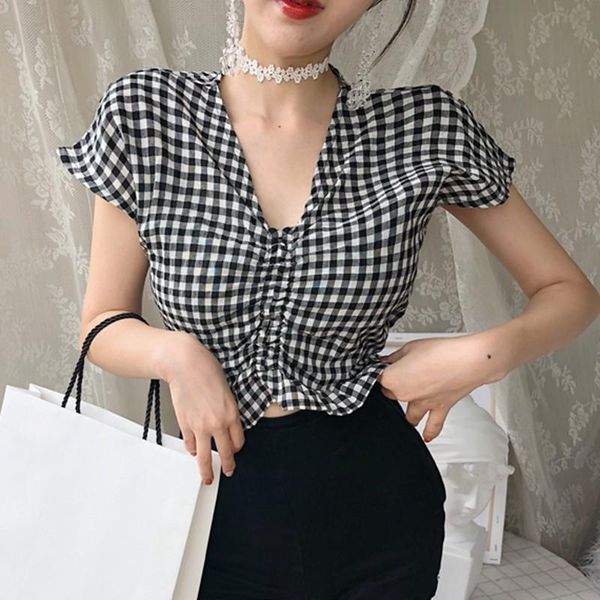

women short sleeve blouse casual summer v neck plaid blouse shirts women, White