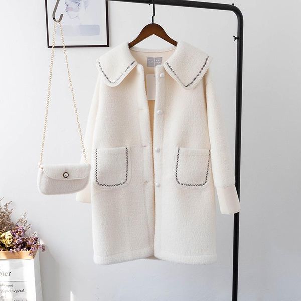 

women's wool & blends [bizheng] baby collar mink like medium long coat for thickened woolen autumn / winter 2021 4355, Black