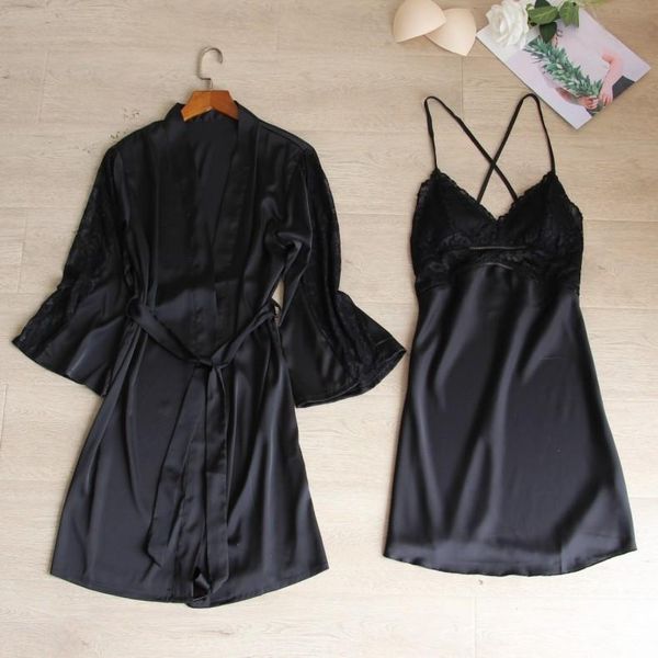 

women's sleepwear intimate lingerie black robe set women nightgown short home clothing summer bathrobe gown casual homewear, Black;red