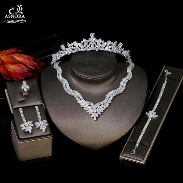 

earrings & necklace fashion simple 3a transparent cubic zirconia bracelet crown jewelry set wedding bridal t0866, Silver