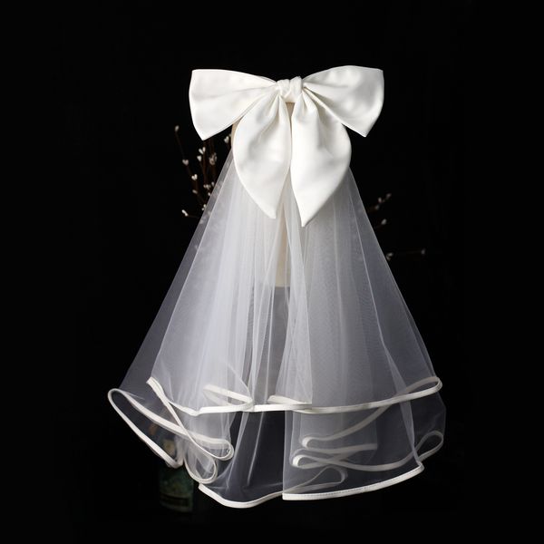 

v693 delicate elbow length marriage bride veil 2-layer ribbon edge soft tulle satin bowknot white wedding bridal headdress with comb, Black