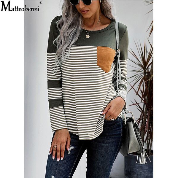 

2021 autumn and winter women new style casual striped printing stitching color long-sleeve fashion o-neck t-shirt all-match u0rw, White