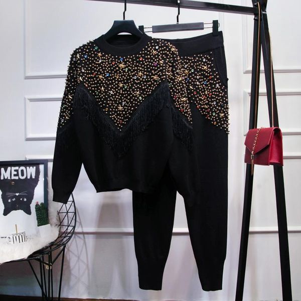 

women's two piece pants lady europe station star nail bead tassel knit sweater trousers two-piece suit, White