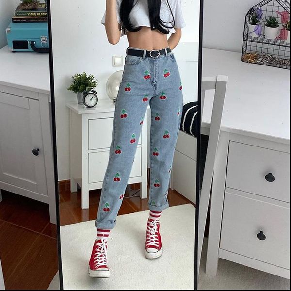 

cute cherry embroidery girl fashion pencil jeans 2020 autumn streetwear women high waist denim trousers fitness pants, Blue