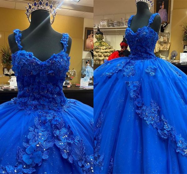

2021 royal blue prom dress ball gown quinceanera dresses 3d flowers floral applique lace tulle princess sweet 16 dress long corset cheap, Blue;red