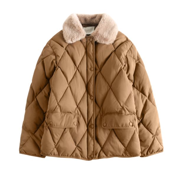 

women winter coat long sleeve furry collar short winter warm rhombus pattern jacket vintage thick padding cotton parkas, Black;brown