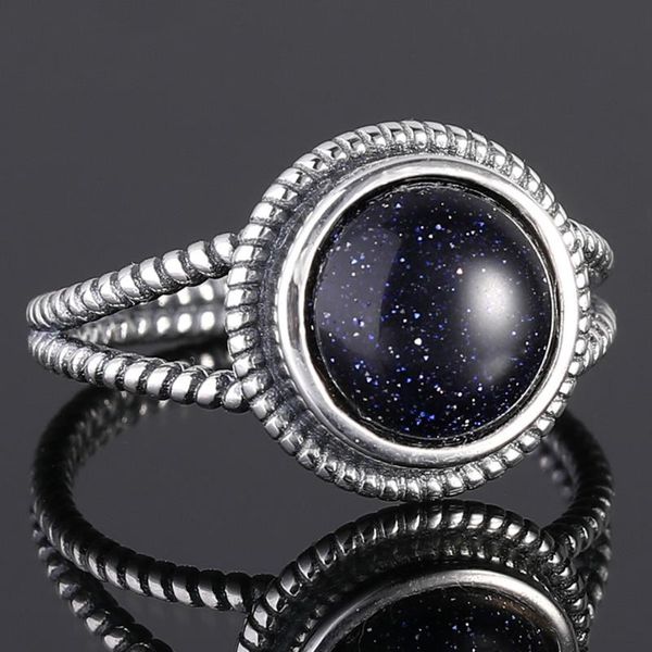 

cluster rings s925 sterling silver 10mm round blue sandstone ring women's wedding party anniversary fine jewelry wholesale, Golden;silver