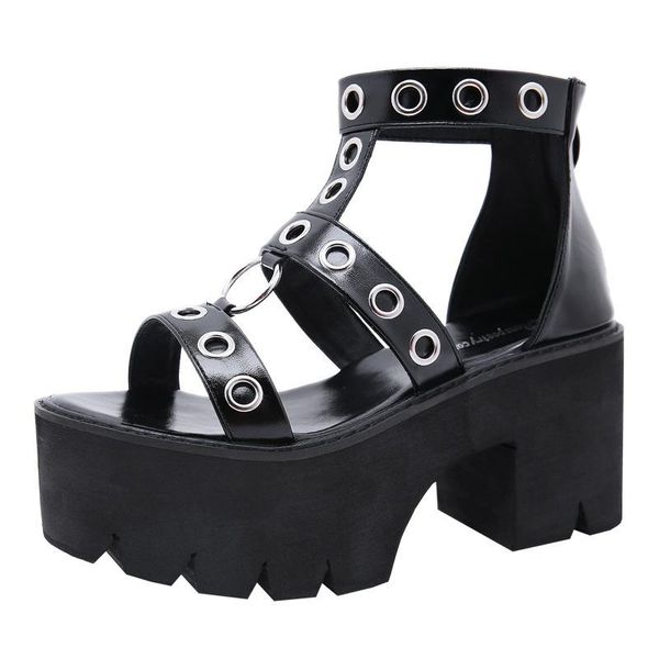 

sandals rivet shoes women for party rock style blakc block heel platform back zipper summer footwear gladiator, Black