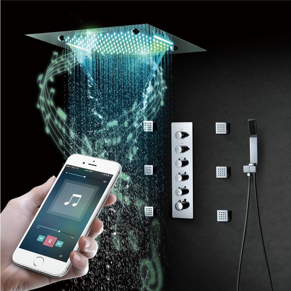 

matt black most complete shower system large concealed ceiling rainfall waterfall massage led showerhead 20" high flow 5 function therm