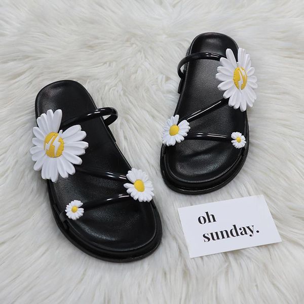 

slippers outside wild beach ladies leisure home travel flip flop spring/summer women double-layer flower buckle sandals, Black