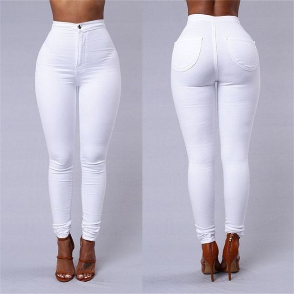 

thin high waist stretch women pencil pants tight candy-colored jeans full length skinny white black blue yellow solid color jean 201109