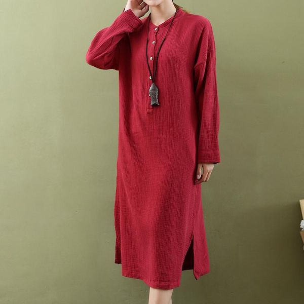 

casual dresses johnature women dress double cotton long sleeve stand button 2021 autumn loose 4 colour brief vintage, Black;gray