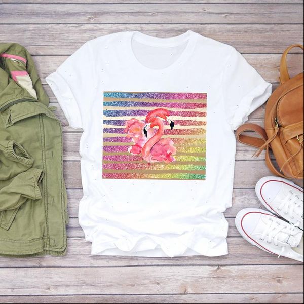 

women 2021 cute cartoon striped fashion flamingo beach summer shirt ladies womens t shirts t graphic female tee t shirt, White