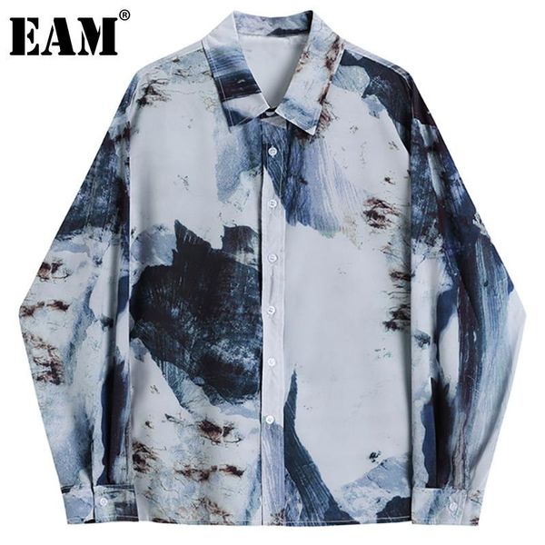 

eam] women print chiffon big size blue blouse new lapel long sleeve loose fit shirt fashion tide spring autumn 2021 1dd0197, White
