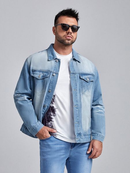 

extended sizes men flap detail button up denim jacket l4rg#, Blue