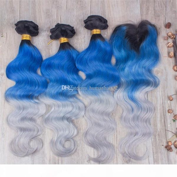 

3 bundles ombre brazilian body wave hair with closure 9a grade three tone 1b blue grey ombre human hair extensions with lace closure, Black;brown