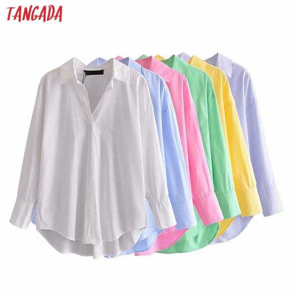 Tangada Donna Basic Camicie color caramella Manica lunga Colletto rovesciato solido Camicette eleganti da lavoro da donna da ufficio 3H569 210609