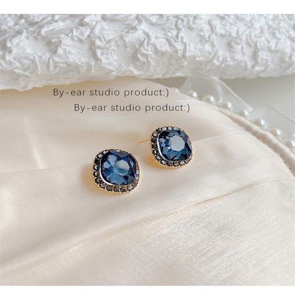 

stud korean high sense blue square women's earrings mori series wild simple temperament retro gorgeous fashion, Golden;silver