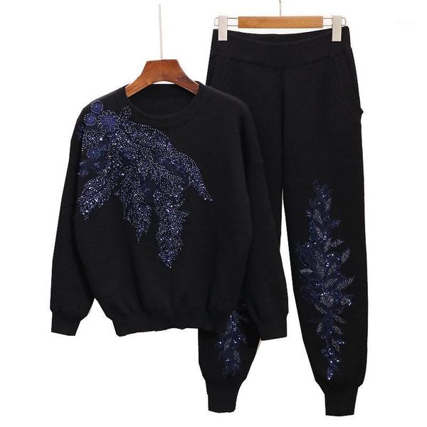 

women's tracksuits 2021 autumn womens tracksuit set beading embroidery long sleeve knitted sweaters + casual small feet pants women two, Gray