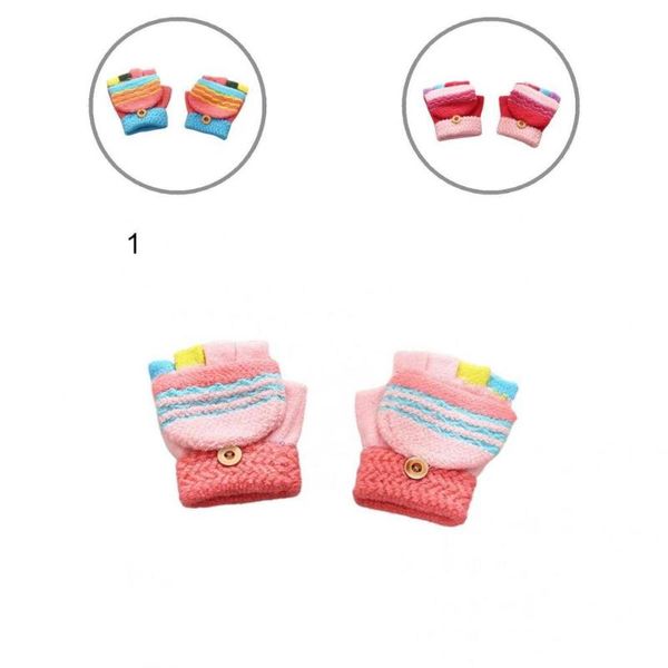 

children's mittens 1 pair warm button gloves wear-resustant colorful stripes, White