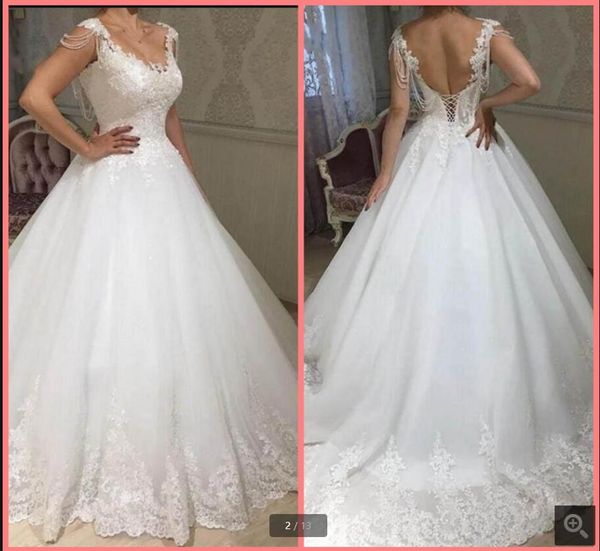 

2021 vestido de noiva lace appliques ball gown wedding dress beading pearls sleeveless open back bridal gowns scoop neck corset long bride d, White