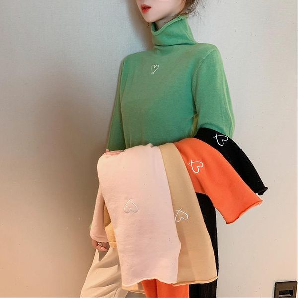 

h.sa 2021 winter turtleneck sweater women cashmere jumper pullover heart embroidery jumper elasticity pull hiver femmepull femme, White;black
