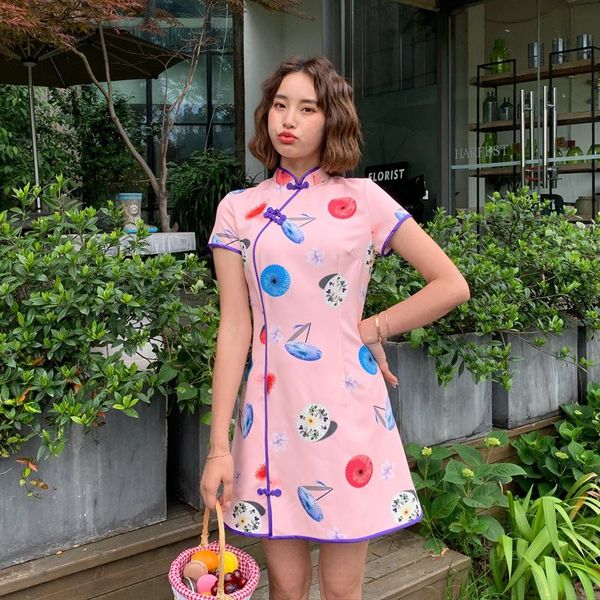 

ethnic clothing lady pink print fan mini cheongsam novelty short sleeve daily slim prom a-line qipao skirt summer s  l xl xxl 3xl chinese d, Red
