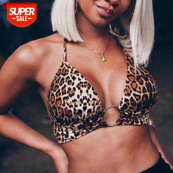 

leopard printed halter crop women camis backless bandage lace up sequins metal ring tank 2019 party club bustier #d839, White