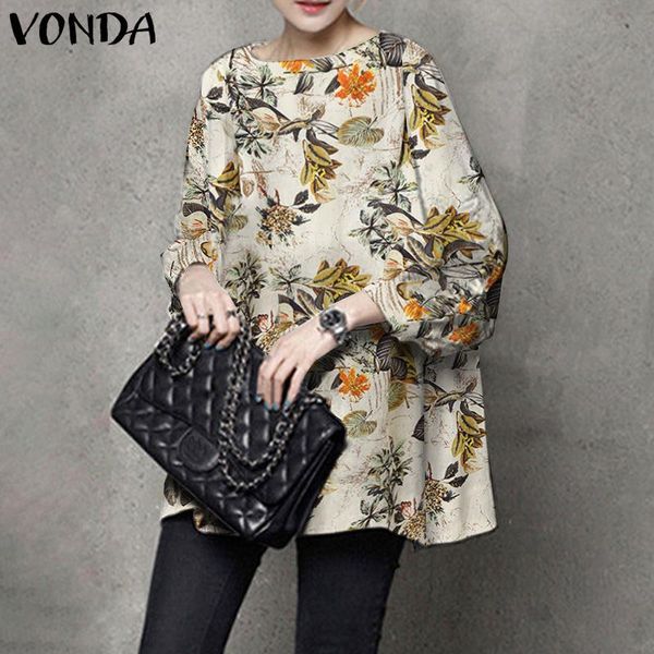 

women's blouses & shirts women elegant dress 2021 vonda femme vintage o neck 3/4 sleeve pinted casual cotton blouse office ladies blus, White