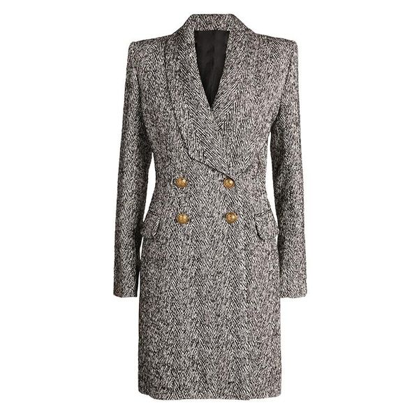

women's wool & blends elegant luxury autumn winter 2022 fashion designer overcoat slim fit shawl collar lion buttons tweed coat, Black