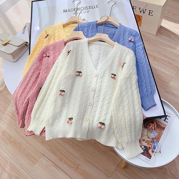 

women's knits & tees korobov vintage sweet flower embroidery knitwear 2021 korean v neck long sleeve sweaters outwear cardigans, White