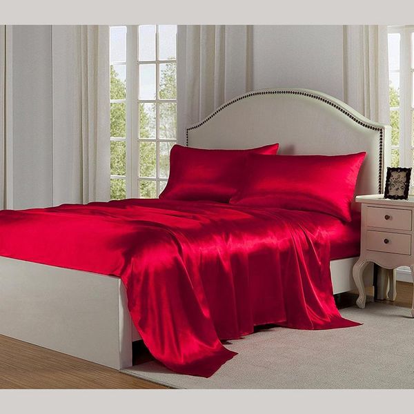 Startseite Eisseide Bettwäsche-Sets Blatt Satintuch Kissenbezug Nachahmung Seide Vierteiliges Bettlaken Einfache Mehrfarben Drei Größen XG0166