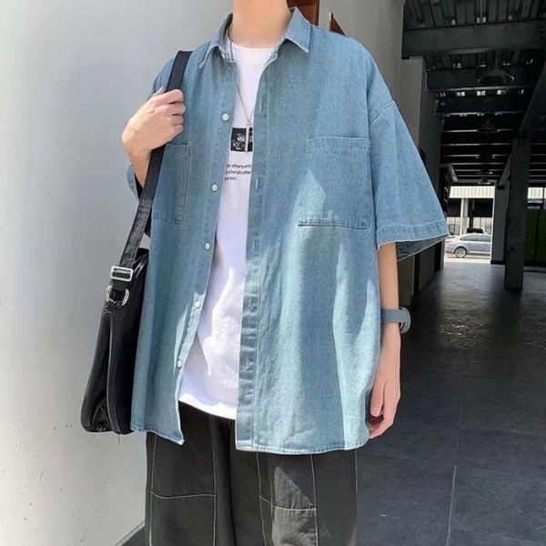

men's casual shirts summer cotton denim fashion retro blue men streetwear korean loose short-sleeved mens 9w5i, White;black