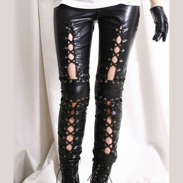 

black faux leather womens legging gothic punk pants wetlook bandage