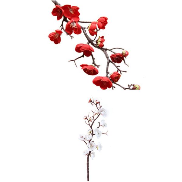 

2 pcs simulated artificial plum blossom branches for bouquet home office wedding decoration (red + white)