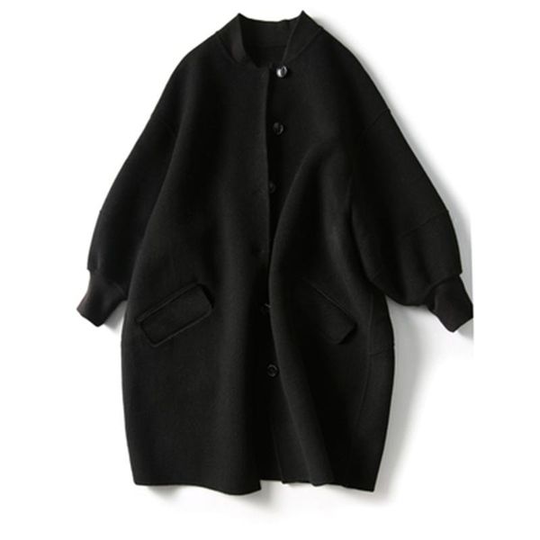 

new winter women's wool coat faux 2021 lady trendy woolen overcoats loose large size female blend jackets pockets mujer n774, Black