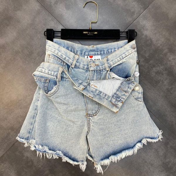 

women's jeans zcsmll summer double waist side buckle slit design cool and handsome street wide-leg denim shorts 2021 fashion, Blue