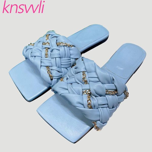 

slippers runway women designer brand shoes woman chain braided ladies slides casual beach weave flats mules, Black