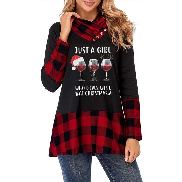 

women's t-shirt wine glass printed christmas t shirt women winter plaid long sleeve splicing color xmas ladies tshirt poleras mujer, White