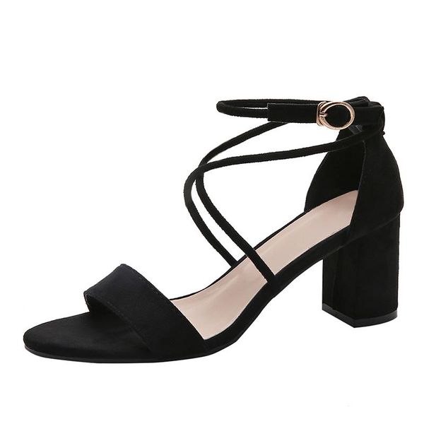 

sandals women 2021 summer mid-heel simple korean fashion roman high heels, Black