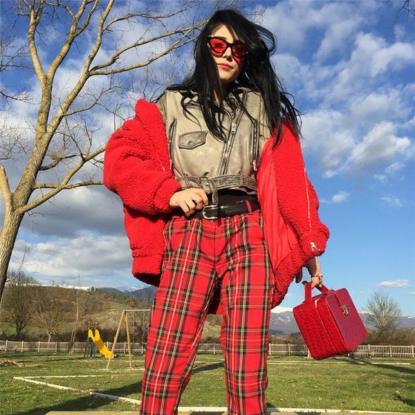 

women's pants & capris summer high-waisted plaid printed wide-leg harem trousers female, Black;white