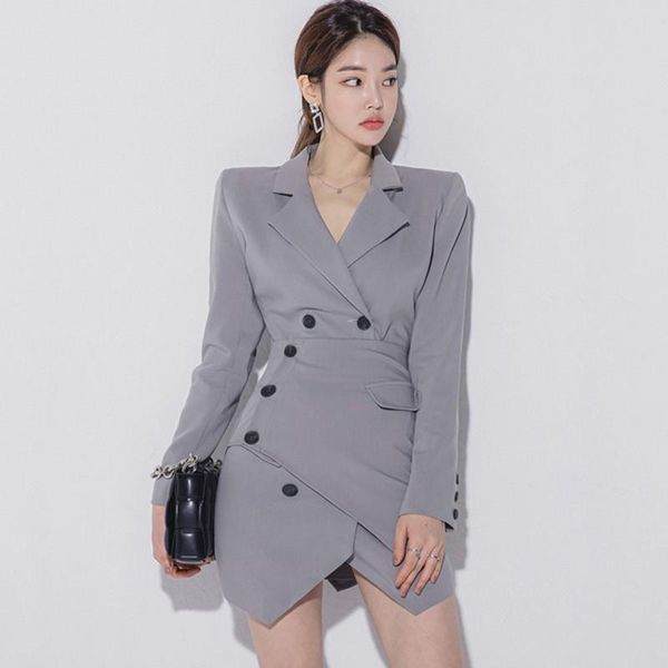 

casual dresses 2021 korean spring fashion office lady notched collar double breasted chic irregular mini dress, Black;gray