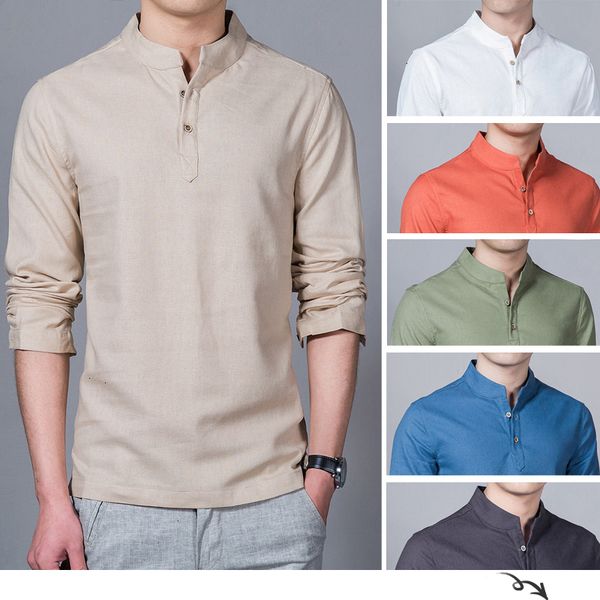 

2021 new clothing cotton linen men man long sleeve solid color stand collar chinese clothes male big size 5xl casual shirts 1oya, White