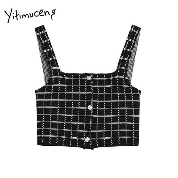 Yitimuceng Plaid Crop Top Donna Backless Sexy Solido Nero Vestiti Coreano Moda Cami Spaghetti Strap Canotta Estate 210601