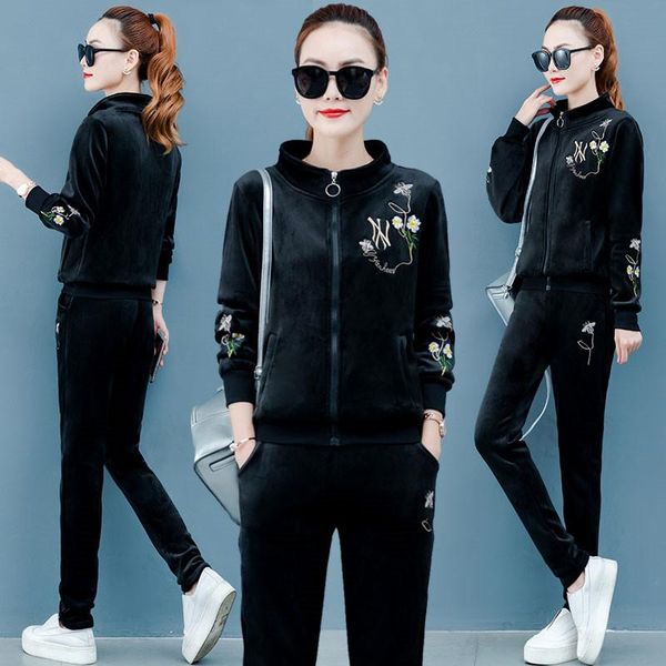 

two piece dress women velvet tracksuits 2021 print hooded jacket+trousers sets gold sportswear suit plus size 4xl female pants set, White
