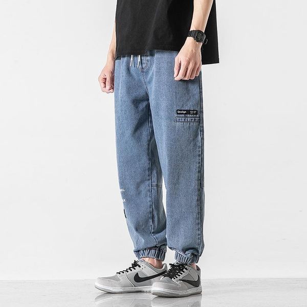 

men's pants oversized mens korean fashoins harem blue jeans 2021 vintage straight harajuku baggy belt denim, Black