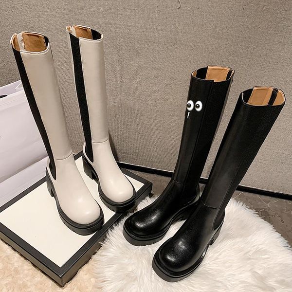 

boots mkkhou fashion knee-high women leather round toe stitching thick-soled knight ladies all-match high, Black