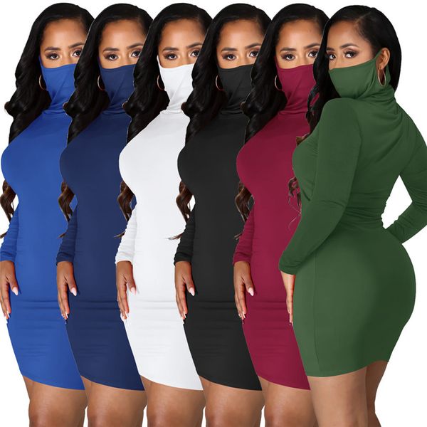 Vestidos por atacado Mulheres Bodycon Dress Primavera Manga Longa Mini Saia Casual Pilha Collar Saias Casual Sólido Pacote Hip Vestido Clube Wear 6977